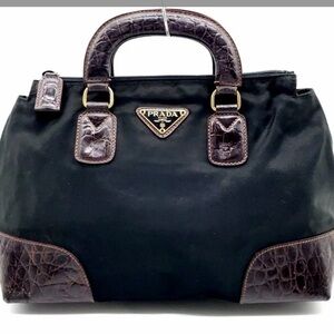 Prada Black and Dark Brown Croc-Embossed Handbag
